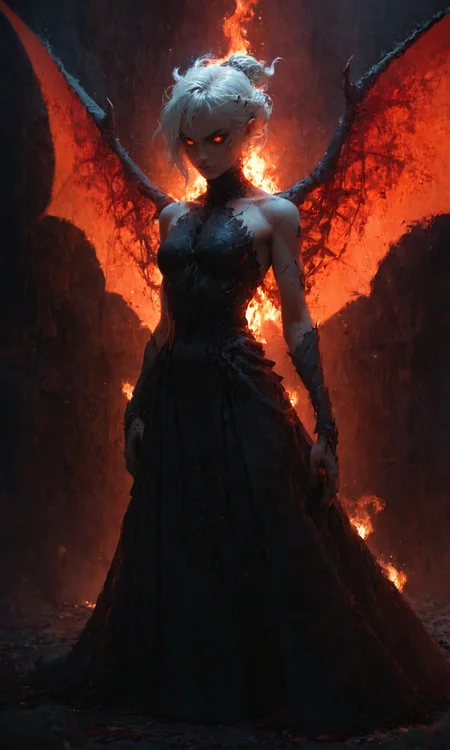 score_9, score_8_up, score_7_up BREAK female fire elemental, slender woman, ember glowing eyes, flame hair with white highlights, fire seraph, flame wings, fully clothed, vntblk magma dress 