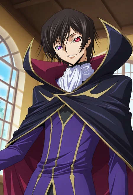 masterpiece, best quality, , anime screencap, anime coloring, official style, , 1boy, solo, male focus, <lora:lelouch_lamperouge_ilxl:1>, lelouch_lamperouge, black hair, purple eyes, hair between eyes, bangs, short hair, heterochromia, red eyes, cape, ascot, gloves, from below, dining room, day, sunny, villain pose, seductive smile, Amber Toile Chenille Ski pants, Long-sleeve shirt, , , and