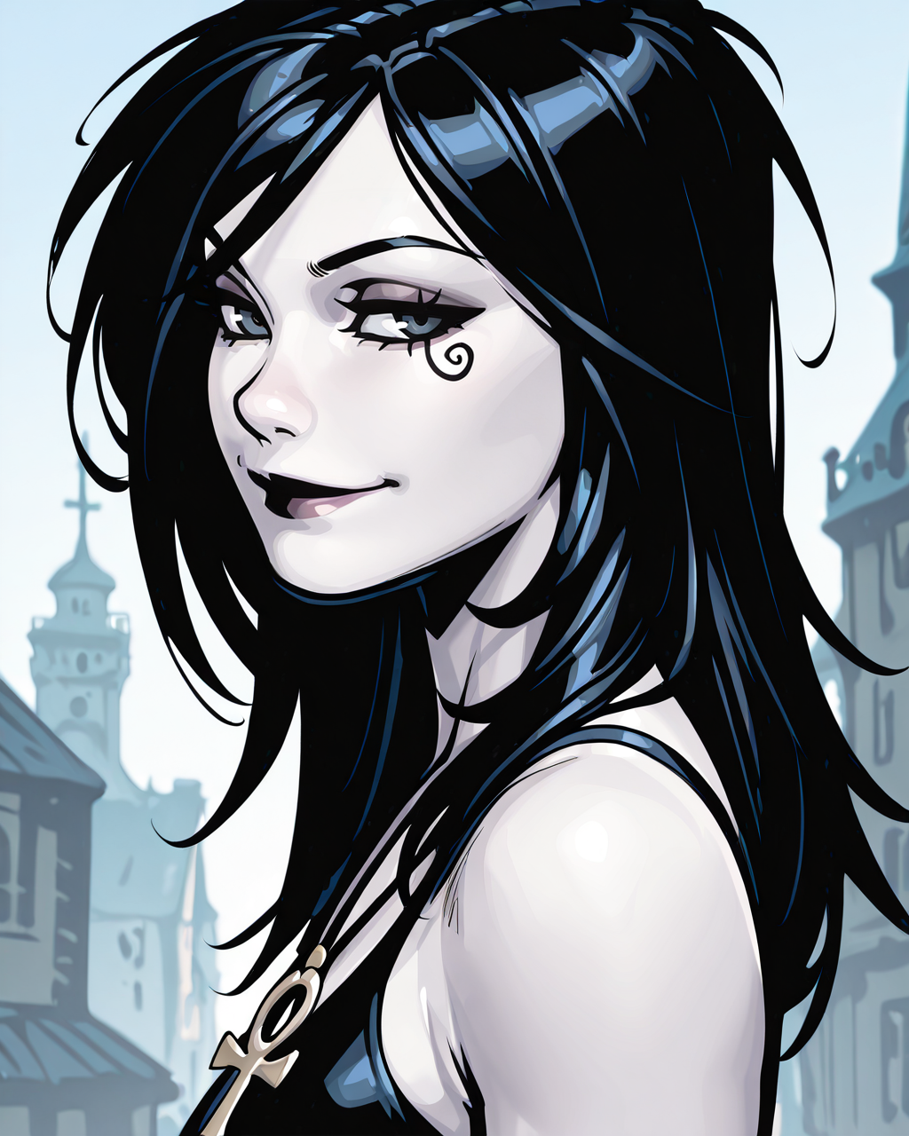 masterpiece, best quality, absurdres, perfect quality, absolutely eye-catching,   <lora:ChrisBachaloIllus:1> bachalo,  <lora:Death of the EndlessilluLoRA:0.8> dethofend, pale skin, colored skin, long hair, ankh necklace, tank top, 1girl, solo, smile, looking at viewer, tattoo under eye, portrait, black hair,  from side,