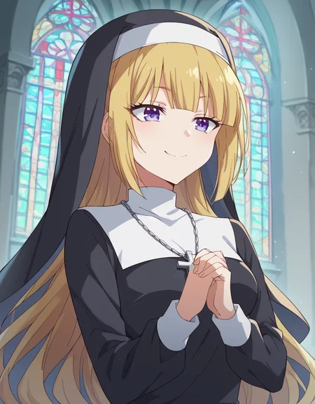 score_9, score_8_up, score_7_up, source_anime, keikaruizawa, <lora:kei-karuizawa-anime-s2-ponyxl-lora-nochekaiser:1>, kei karuizawa, long hair, bangs, blunt bangs, purple eyes, blonde hair, hair ornament, ponytail, scrunchie, blue scrunchie, medium breasts,, <lora:traditional-nun-ponyxl-lora-nochekaiser:1>, traditional nun, nun, habit, long sleeves, dress, black dress, jewelry, black veil, cross, cross necklace,, church, smug, praying,, cowboy shot