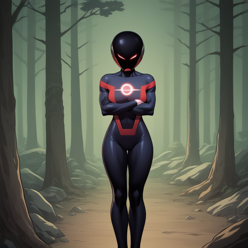 score_8_up, BREAK, RadiantRed, 1girl, solo, helmet,  bodysuit, glowing eyes, superhero,    <lora:Radiant_Red_PXL_Leaf1:1>,  crossed arms, forest,