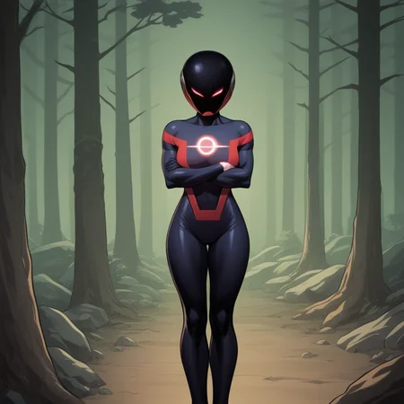 score_8_up, BREAK, RadiantRed, 1girl, solo, helmet, bodysuit, glowing eyes, superhero, <lora:Radiant_Red_PXL_Leaf1:1>, crossed arms, forest,