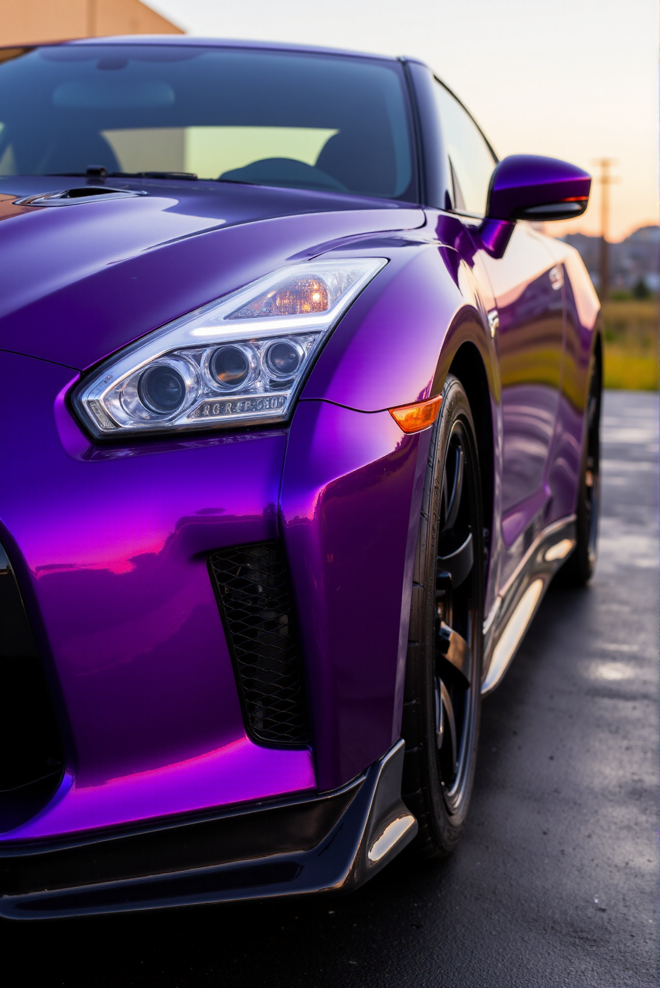 <lora:Nissan_GT-R_R35:0.7>  A three quarter of a gorgeous Nissan GT-R R35 in all its shining glory. In a style of clean look. The car has violet paint job with yellow undertone. Mirror-like, high gloss finish catches bright highlights. Vibrant color palette.