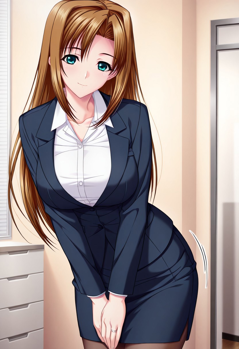 masterpiece, best quality, newest, highres, uncensored, 1girl, yokota mamoru style,motion lines,1girl,Sakura Ayaka，Brown Hair, Curtained Hair, Intake, Shoulder-length Hair, Sidehair，Teal Eyes，Big Breasts, Pale, Young-adult, Slim, v arms,solo, skirt, pantyhose, skirt suit, office lady, suit, pencil skirt, formal, smile, shirt, looking at viewer, ring, jacket, blue skirt, white shirt, jewelry, standing, blue jacket, long sleeves, collared shirt, closed mouth, dress shirt,
office, room,