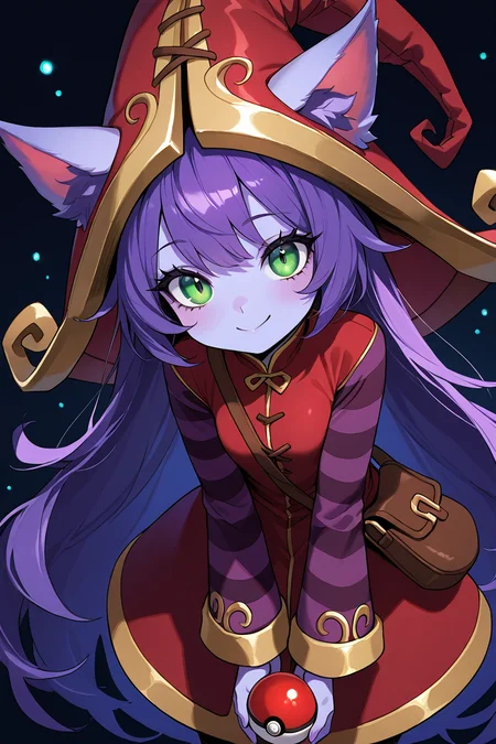 masterpiece, best quality, 1girl, solo, 21 year old model, eyelashes, (beautiful eyes), ,,, <lora:LuluLeagueoflegendsIXL:1.0>, zzLulu, long hair, bangs, animal ears, green eyes, purple hair, colored skin, purple skin, long sleeves, hat, dress, red dress, red headwear, ears through headwear, striped sleeves, yordle,(holding pokeball), dynamic pose, cowboy shot, leaning forward, smile, looking at viewer, shiny skin,