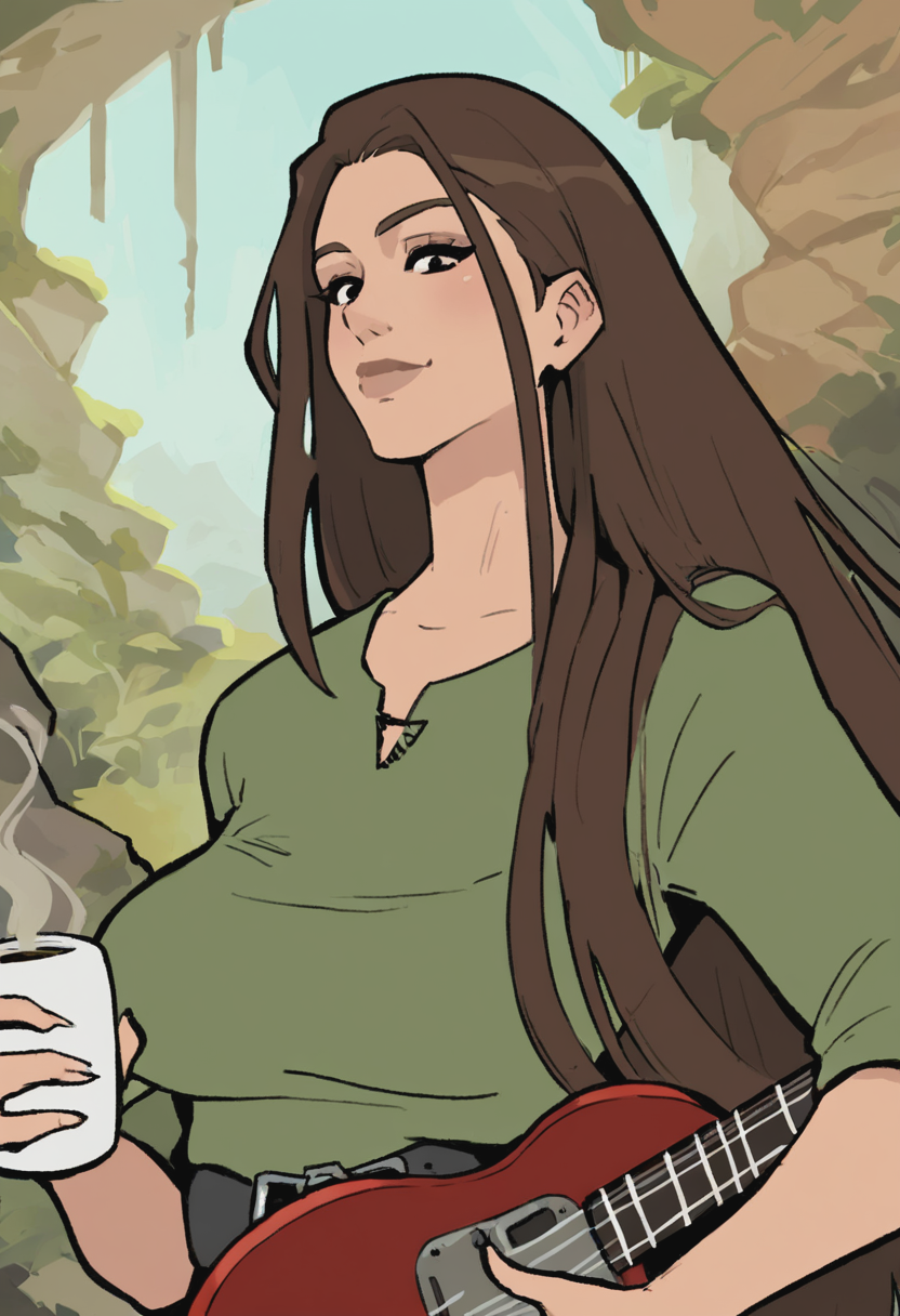 score_9, score_8_up, score_7_up, 1girl, mature_female, large_breasts, portrait, solo, looking_at_viewer, open_eyes, Pretending to play a guitar solo, perspective, (Coffee mino boushi), absurdly long hair, French pleat, Brown hair, canyon, upper_body, rating_safe, <lora:pony\artist_styles\hornyx_pony:1.0>