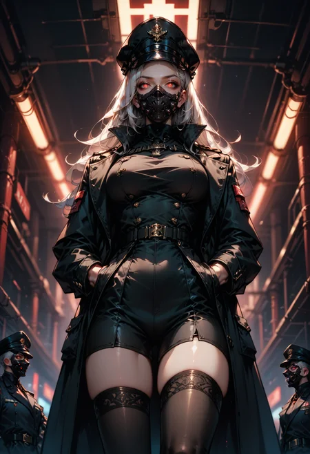 (score_9, score_8_up) ,score_7_up, 2girls, mask, full face mask, black hair, white hair, military uniform, full face mask, black leggings, black thigh highs, looking at viewer, full body, large breasts, black hat, peaked cap, in all black, red glowing eyes, gloomy, unholy, hands behind back, black trench coat, all black attire, simple background, dark background, black background, neon red lights, gothic, from below pov, low-angle pov, blurry background,
<lora:DetailedEyes_V3:0.5> <lora:add-detail-xl:0.5>   <lora:masky-000009:0.6>