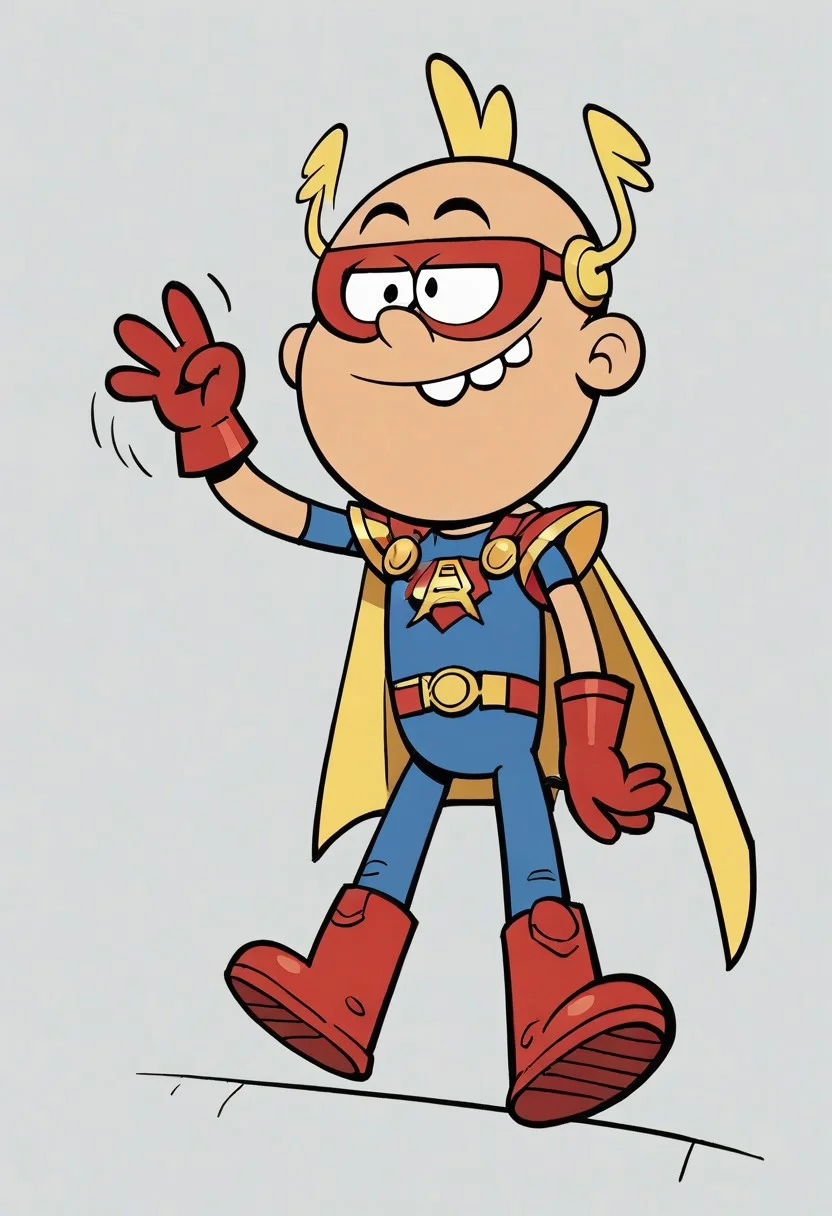(score_9 | score_8_up | score_7_up) ((masterpiece:1))(best quality,very high quality,ultra detailed:1.2) (2D,cartoon style,anime style)(Smooth:2)(clean blurring) (four fingers on each hand,one thumb on each hand:1), Leon Loud, solo, 1boy, light Blonde hair, two strands of light Blonde hair, teeth, full body, red blue and yellow super hero costume, blue super hero costume, super hero, red goggles, two side winged headpiece, yellow cape, thick red boots, red glove, 'A' Logo in the middle
