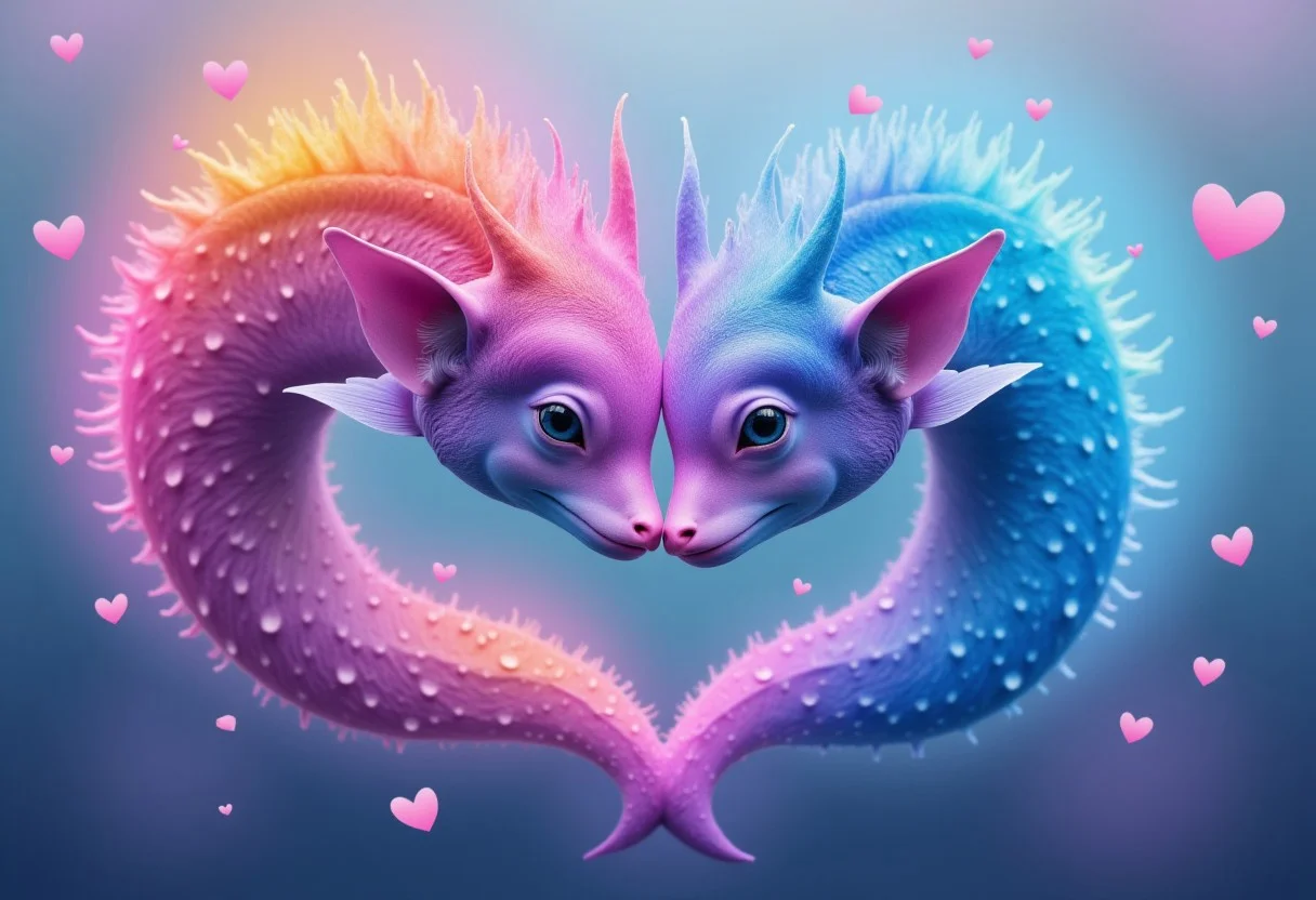 girl, absurdres, highly-detailed, best quality, photo realistic, masterpiece, very aesthetic, hybrid, solo, cute, animal focus, heart, soft lighting, pastel colors, magical atmosphere, intricate scales, glowing eyes, delicate fins, whimsical background, fantasy, dreamy, heart-shaped details, ultra-detailed fur and scales, 8k resolution, cinematic composition.
oceanic background