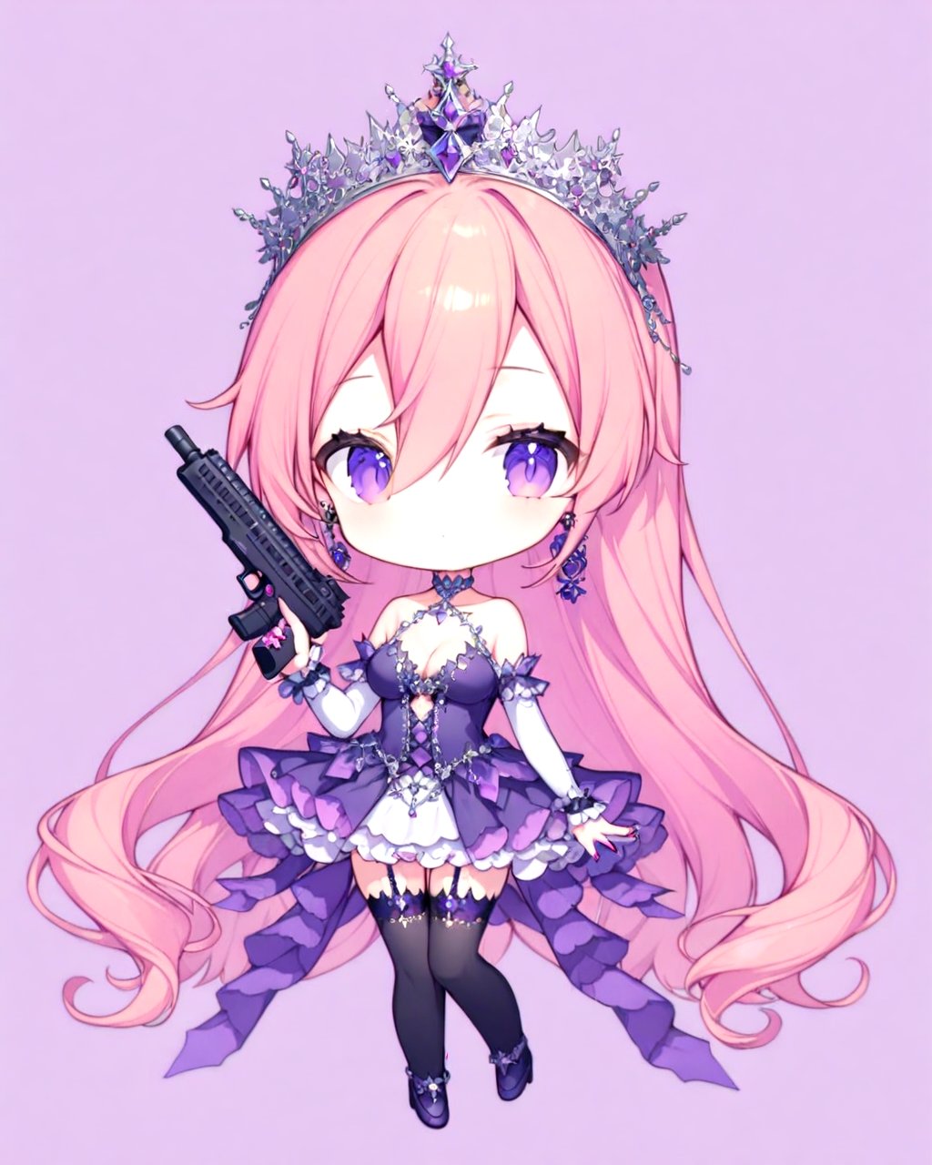 runie, bangs, bare shoulders, breasts, cleavage, collarbone, crown, detached sleeves, dress, earrings, garter straps, hair between eyes, jewelry, long hair, nail polish, solo, thighhighs, very long hair, pink hair, purple eyes, 
 <lora:RUNIE-XL-t5-000001:0.6>
(chibi, holding a gun)