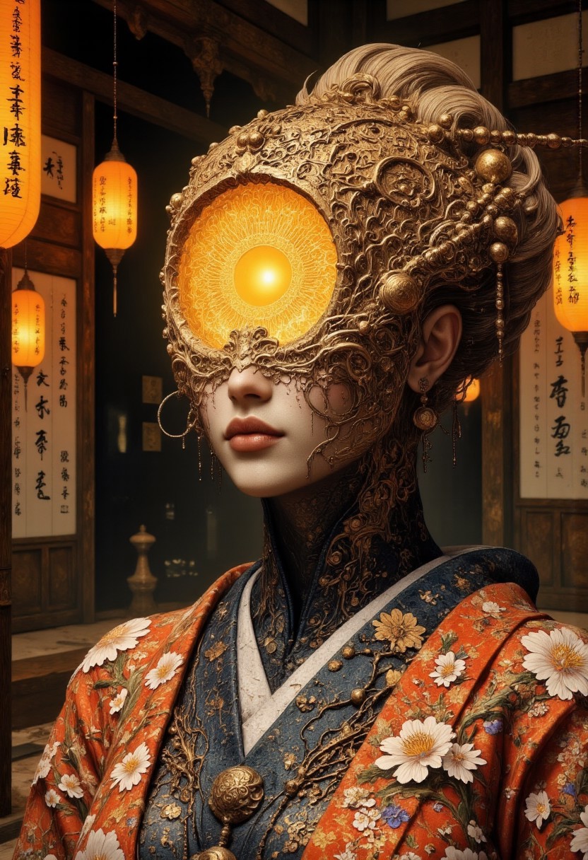 A tight, intimate head and shoulder portrait of an Ancient Japanese Geisha, kneeling gracefully on a tatami mat, her body perfectly still, her head tilted slightly upward as if gazing softly into the camera. Her hands are delicately folded behind her, her posture elegant and composed. Her head is a hollow, featureless piece of carved wood, shaped into a smooth, rounded form without facial features. In the center of the wooden head, there is a large, circular cutout, resembling the rising sun from the Japanese flag. Inside the hollow head, a dim, warm golden light glows, casting delicate rays through the circular void, illuminating the intricate wooden interior with a soft, ambient glow. She is dressed in a beautifully embroidered silk kimono, detailed with floral patterns of cherry blossoms and cranes, symbolizing beauty and grace. The kimono is wrapped tightly, with a richly adorned obi sash tied in an elaborate bow at her back. Her hair is styled in an elegant shimada updo, adorned with delicate kanzashi hairpins that reflect the golden light softly. The background is minimal and shadowy, with the faint outlines of shoji screens and hanging paper lanterns glowing dimly in the distance. The paper lanterns are decorated with ancient calligraphy, adding a sense of timeless tradition and spirituality.