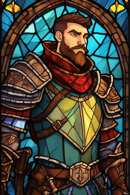 <lora:Stained Glass Portrait:1>Stained Glass Portrait - Dungeons and Dragons character art. Town guard captain. Digital stained glass style.