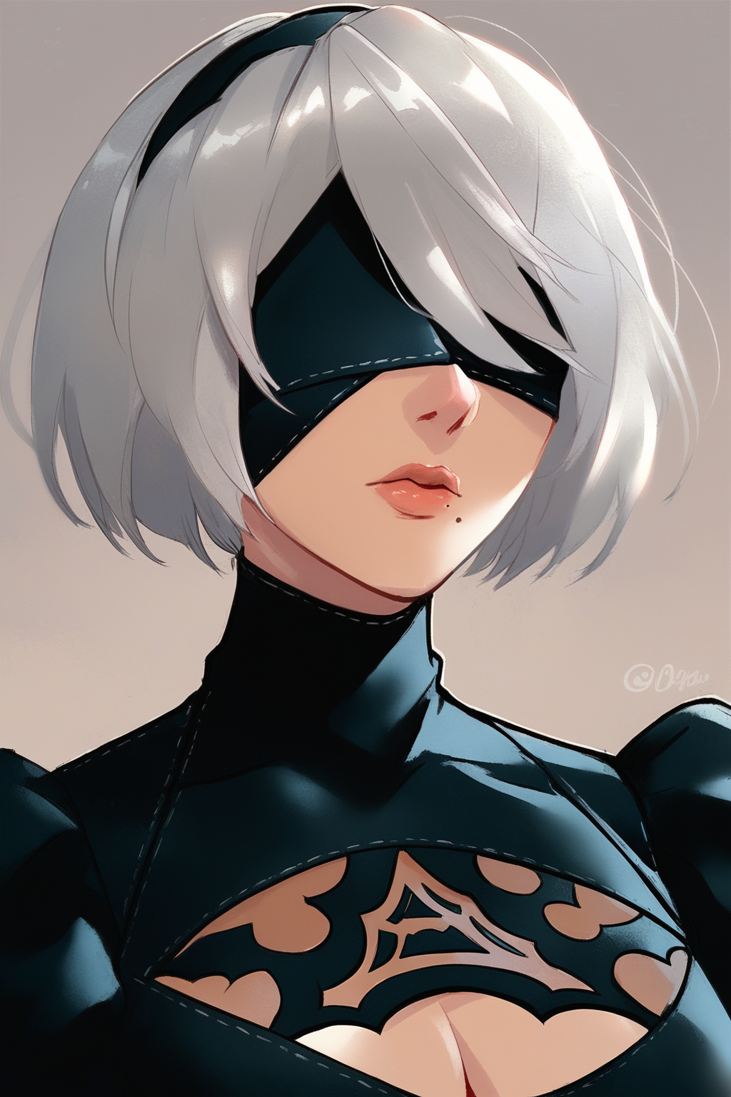 breathtaking score_9. score_8_up,score_7_up,score_6_up,score_5_up,score_4_up,<lora:2typeBPony:1>,
2typeB,nier automata,nier \(series\),nier,yorha no. 2 type b,1girl,mole under mouth,blindfold,white hair,mole,solo,breasts,short hair,black blindfold,dress,cleavage,cleavage cutout,hairband,black dress,upper body,clothing cutout,puffy sleeves,black hairband, . award-winning, professional, highly detailed