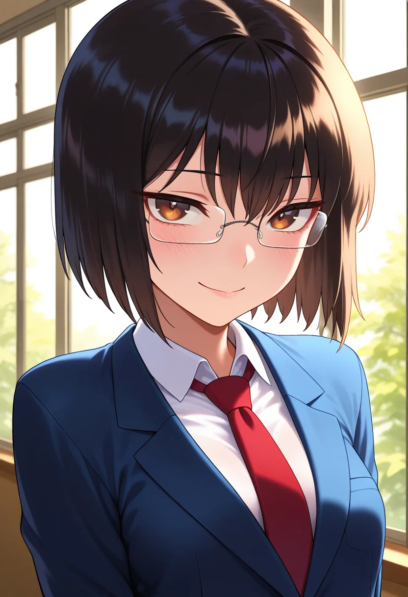 masterpiece, best quality, amazing quality, absurdres, 1girl, solo, (portrait:1.2), norikoww, brown eyes, black hair, short hair, bob cut, glasses, small breasts, school uniform, necktie, blazer, collared shirt, looking at viewer, smile, indoors, day, skindentation, detailed clothing folds, depth of field, sharp, high contrast, dynamic light <lora:Karasuma_Noriko_Prepaid_Honey_ill:0.9>