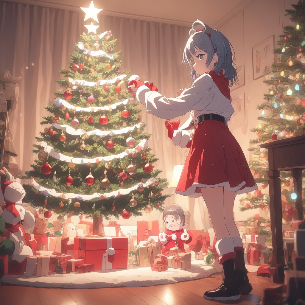 1girl, solo, anime, decorating christmas tree, christmas tree, christmas decoration, christmas ornaments, christmas lights, living room, indoors