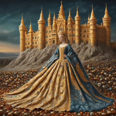 score_9, score_8_up, score_7_up, perfecteyes, grey-blue eyes,pillow night, woman,full body ,gold jewellery, castle,dress fluff, A shawl around my shoulders, baroque