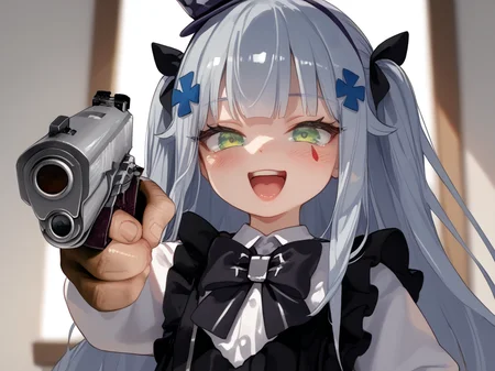 score_9, score_8_up, score_7_up,source_anime, BREAK, Expressiveh, <lora:Expressive_H:1> <lora:add-detail-xl:1> shiny skin, skindentation,
hk416, kid,
excited, laughing, squinting, blushing, opening mouth
holding weapon, handgun, holding gun, aiming at viewer, revolver, finger on trigger
<lora:enhancerV4-pony:1> <lora:Pony_DetailV2.0:1> <lora:hk416.pony:1> <lora:HandPointingAGunMeme_XLPD:1>