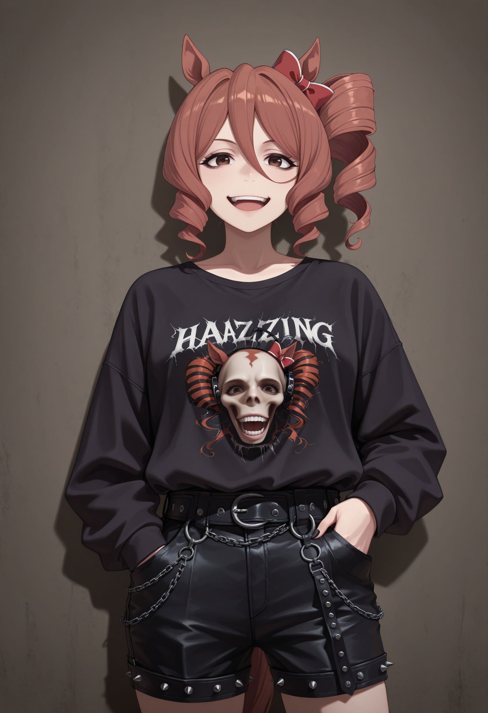 masterpiece, best quality, amazing quality, very awa,absurdres,newest,very aesthetic, looking at viewer, 
, <lora:Norn Ace illu:1> 1girl, brown hair, drill hair, side ponytail, brown eyes, animal ears, horse girl,horse tail,  hair bow, red bow, 
(punk outfit,)), smile, hand on pocket, goth eyeliner, open mouth, full teeth