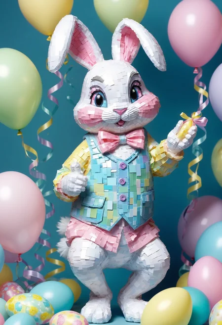 0.3&&easter, mosaic, festive, pastel clothing (spring colors), pastel balloons and streamers, __characters/beings/easter-bunny/prompt__, Decoupage (paper designs) , candlelight