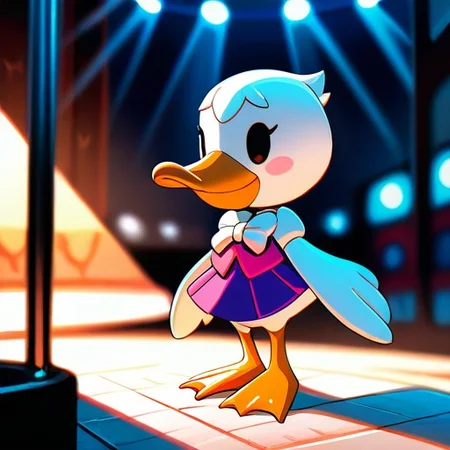 masterpiece, best quality, amazing quality, very aesthetic, high resolution, ultra-detailed, Pelly-AC, Pelican, white skin, orange beak, orange stripped palmate feet, feather, black eyes, barefoot, pink outfit with big white bow on it, purple skirt BREAK, depth of field, ultra-detailed, absurdres, newest, scenery, volumetric lighting, <lora:eb6d89c9-f366-45ae-9645-78ac0a8bef23:0.7>