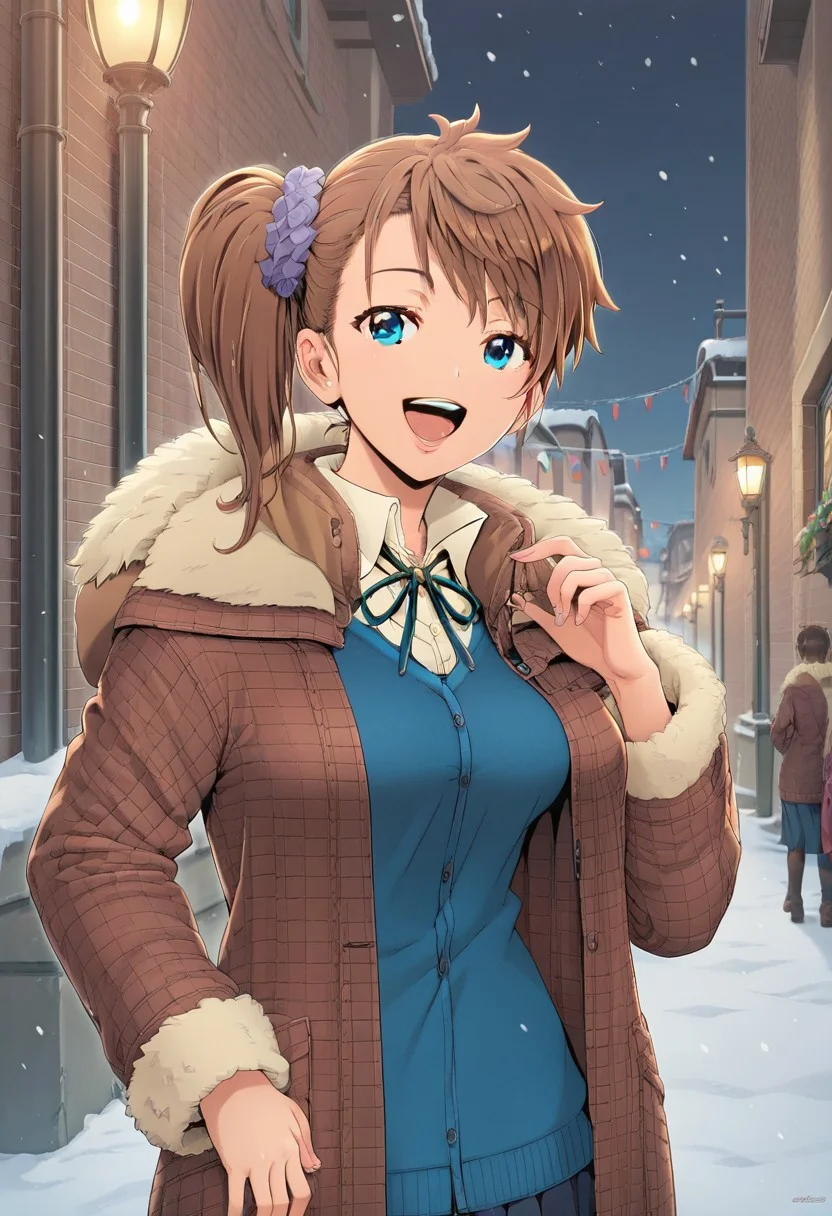 masterpiece,best quality, highly detailed, score_9, score_8_up, score_7_up, score_6_up, manga illustration,best quality,masterpiece, Master piece, illucinemic lighting, shinozuka_yuuji's style, 1girl, brown hair, side ponytail, blue eyes, brown coat with fur hood, fur sleeve, blue cardigan, hair ornament, standing, smile, open mouth, snowy street