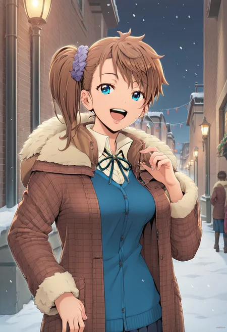 masterpiece,best quality, highly detailed, score_9, score_8_up, score_7_up, score_6_up, manga illustration,best quality,masterpiece, Master piece, illucinemic lighting, shinozuka_yuuji's style, 1girl, brown hair, side ponytail, blue eyes, brown coat with fur hood, fur sleeve, blue cardigan, hair ornament, standing, smile, open mouth, snowy street