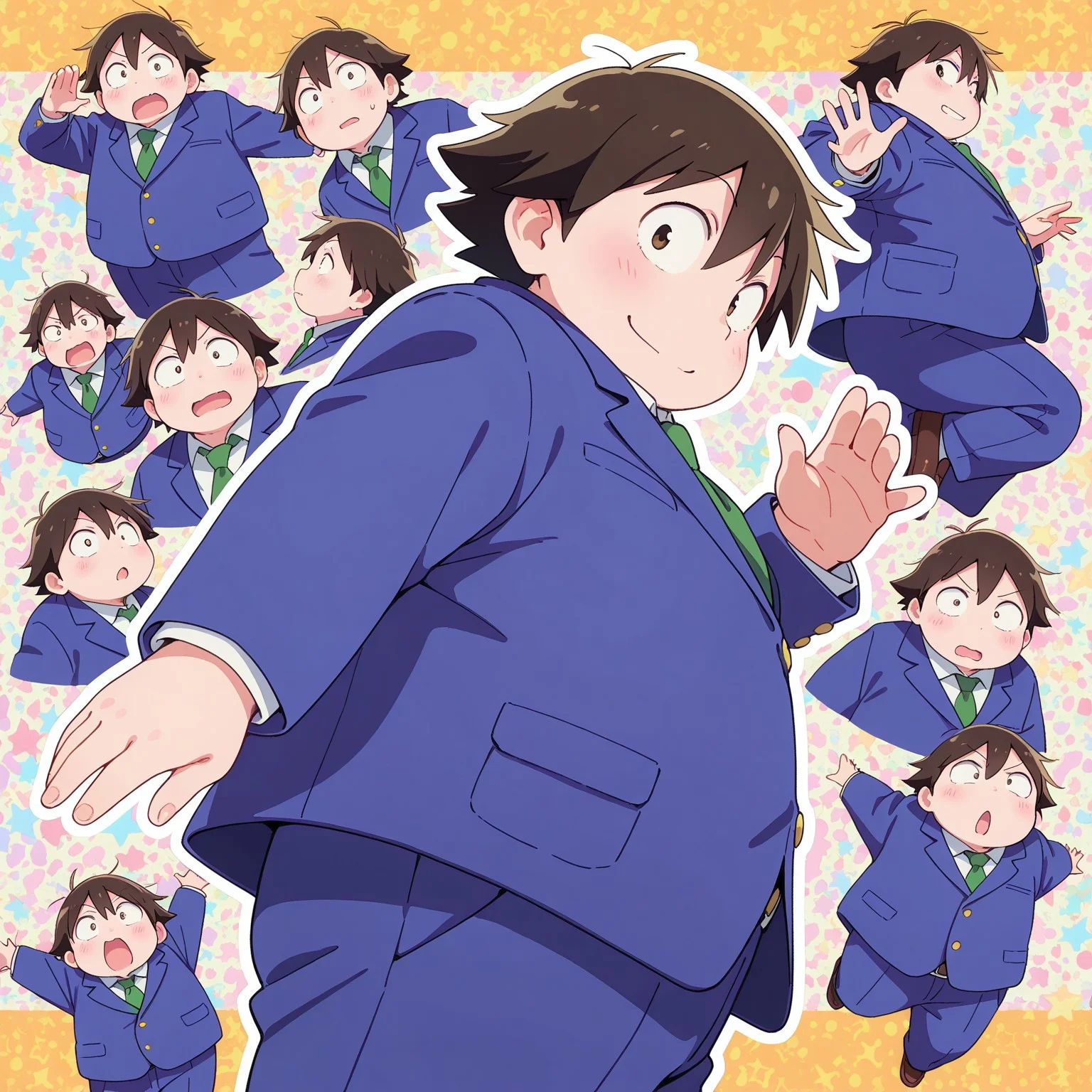 masterpiece, amazing_quality, best quality, awharuyukia, chubby, agep_up:0.5, 1boy, school uniform, blue blazer, green tie, dynamic angle, dynamic pose, looking at viewer, from side, dynamic expressions, school, light-smile