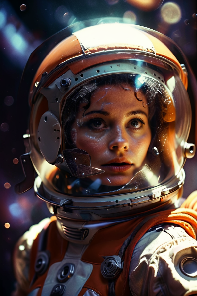 a retro woman in a space suit, close up, background, space, awe, dim light <lora:retro fashion cyberpunk style:1>