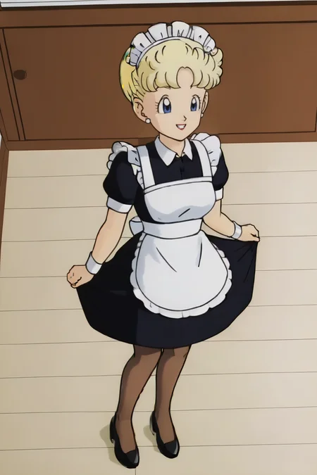 source_anime, score_9, score_8_up, score_7_up, anime screencap,
panchy, blonde hair, short hair, curly hair, blue eyes,
maid headdress, maid, pantyhose, black shoes,
indoors, smile, teeth, from above,
<lora:panchy_pony_v1:0.8>