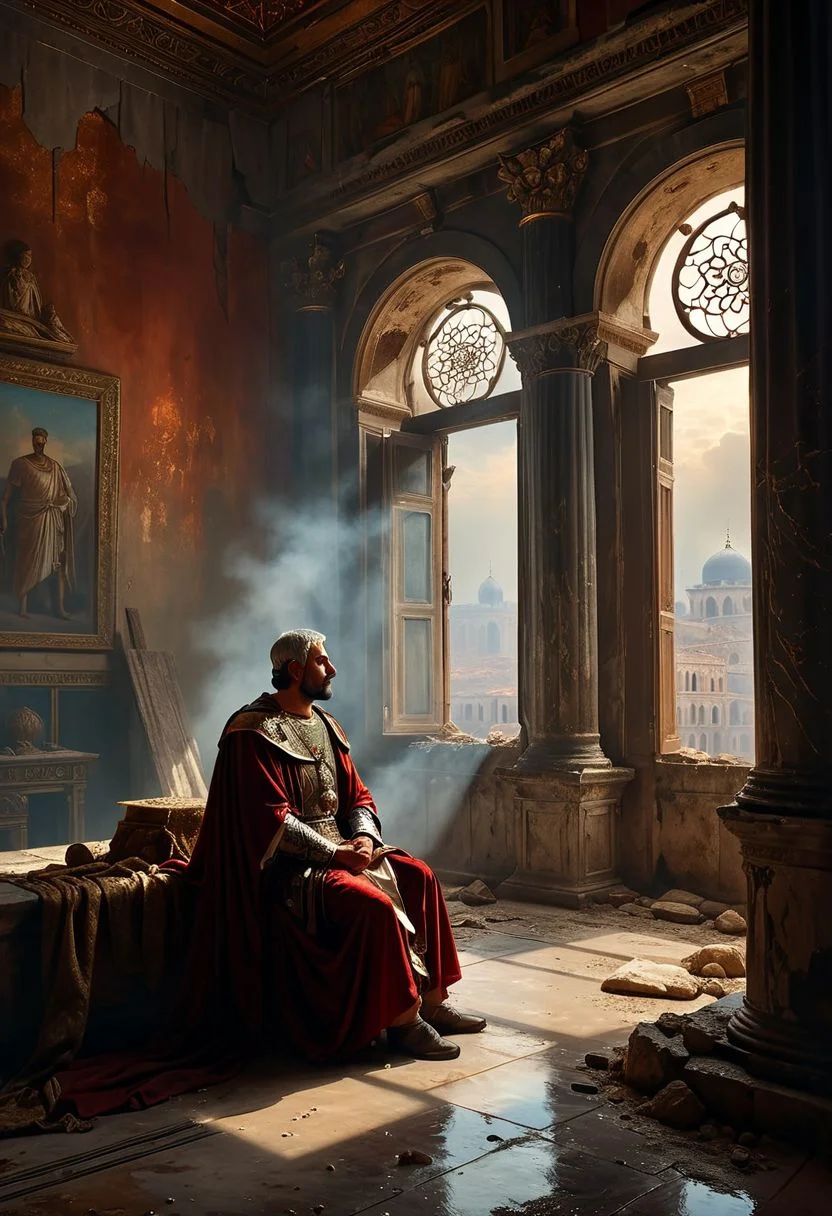 ((masterpiece, best quality, high quality, highres, ultra-detailed)), (oil painting:0.1),  (best quality, 8K, high resolution, extreme detail, outstanding composition:1.4), art by Jeremy Mann, dramatic light, aesthetic of hard - edge painting:0.1), a low-key digital painting depicting Caesar of Rome sitting in his palace, holding an audience. The room is dusty, with rays of light cutting through the gloom, creating a moody atmosphere. Constantinople Emperor watches city siege from a window in his palace, his expression both powerful and contemplative. The room is detailed, with intricate Roman architecture and subtle hints of luxury and decay. Capture the intrigue and drama of ancient Rome in this captivating and detailed artwork, low key portrait, half of face illumated, glimmer in his eye, moody portrait, dust in the air. Constantinople is about to be lost. Wellingtons, full body, oil on canvas, (ivan aivazovsky:0.1), (best quality, high resolution, extreme detail, outstanding composition, masterpiece:1.4), award winning, (aesthetic of conceptual art with volcanic atmosphere:0.5), screen space reflections (ssr), absolute sharpness, f/11, symmetry and balance, distinctive breathtaking magnum with delicate details, epic shot, action shot, moody picture,