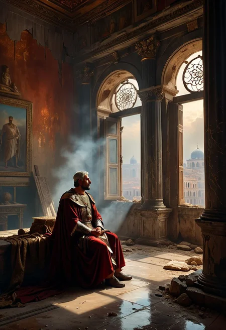 ((masterpiece, best quality, high quality, highres, ultra-detailed)), (oil painting:0.1),  (best quality, 8K, high resolution, extreme detail, outstanding composition:1.4), art by Jeremy Mann, dramatic light, aesthetic of hard - edge painting:0.1), a low-key digital painting depicting Caesar of Rome sitting in his palace, holding an audience. The room is dusty, with rays of light cutting through the gloom, creating a moody atmosphere. Constantinople Emperor watches city siege from a window in his palace, his expression both powerful and contemplative. The room is detailed, with intricate Roman architecture and subtle hints of luxury and decay. Capture the intrigue and drama of ancient Rome in this captivating and detailed artwork, low key portrait, half of face illumated, glimmer in his eye, moody portrait, dust in the air. Constantinople is about to be lost. Wellingtons, full body, oil on canvas, (ivan aivazovsky:0.1), (best quality, high resolution, extreme detail, outstanding composition, masterpiece:1.4), award winning, (aesthetic of conceptual art with volcanic atmosphere:0.5), screen space reflections (ssr), absolute sharpness, f/11, symmetry and balance, distinctive breathtaking magnum with delicate details, epic shot, action shot, moody picture,