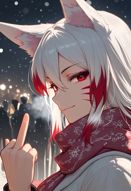 1girl,fox ears,red eyes,white hair,red hair,long hair,hair between eyes,closed mouth,multicolored hair,red whisker markings,scarf,upper body,from side,snowing,people,night,bokeh,masterpiece,best quality, looking at viewer, middle finger, smirk,