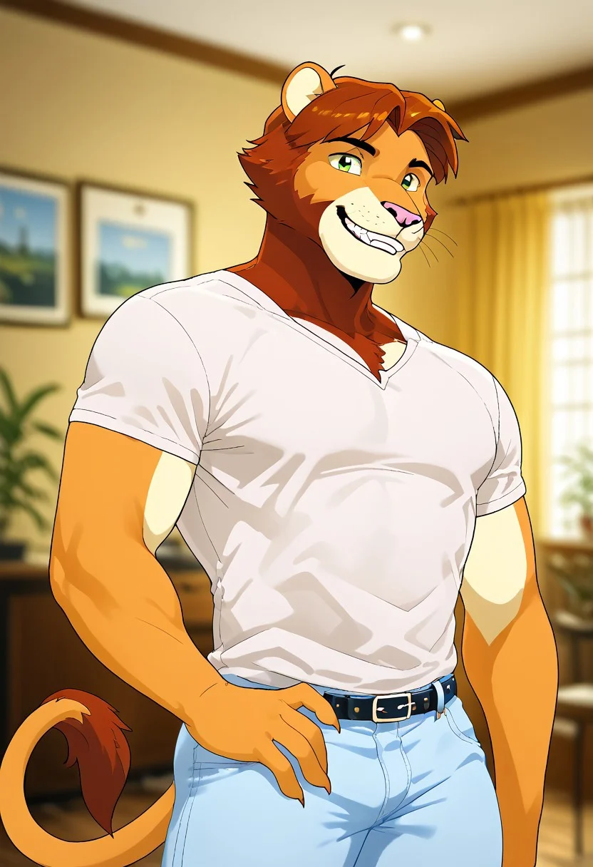 score_9, score_8_up, score_7_up, score_6_up, score_5_up, score_4_up, source_anime, source_furry, zPDXL3, furry_diffusion, <lora:TomSA_PXL-05:0.9>, tom, lion boy, lion tail, short hair, green eyes, brown fur, brown hair, solo, smirk, teeth, 1boy, looking at viewer, intricate details, masterpiece, unparalleled masterpiece, dutch angle, depth of field, cinematic lighting, great lighting, detailed background, indoors, inside, muscular male, bara, pectorals, large pectorals, white shirt, jeans, belt, tight pants, feet out of frame, close-up, posing, pose, upper body