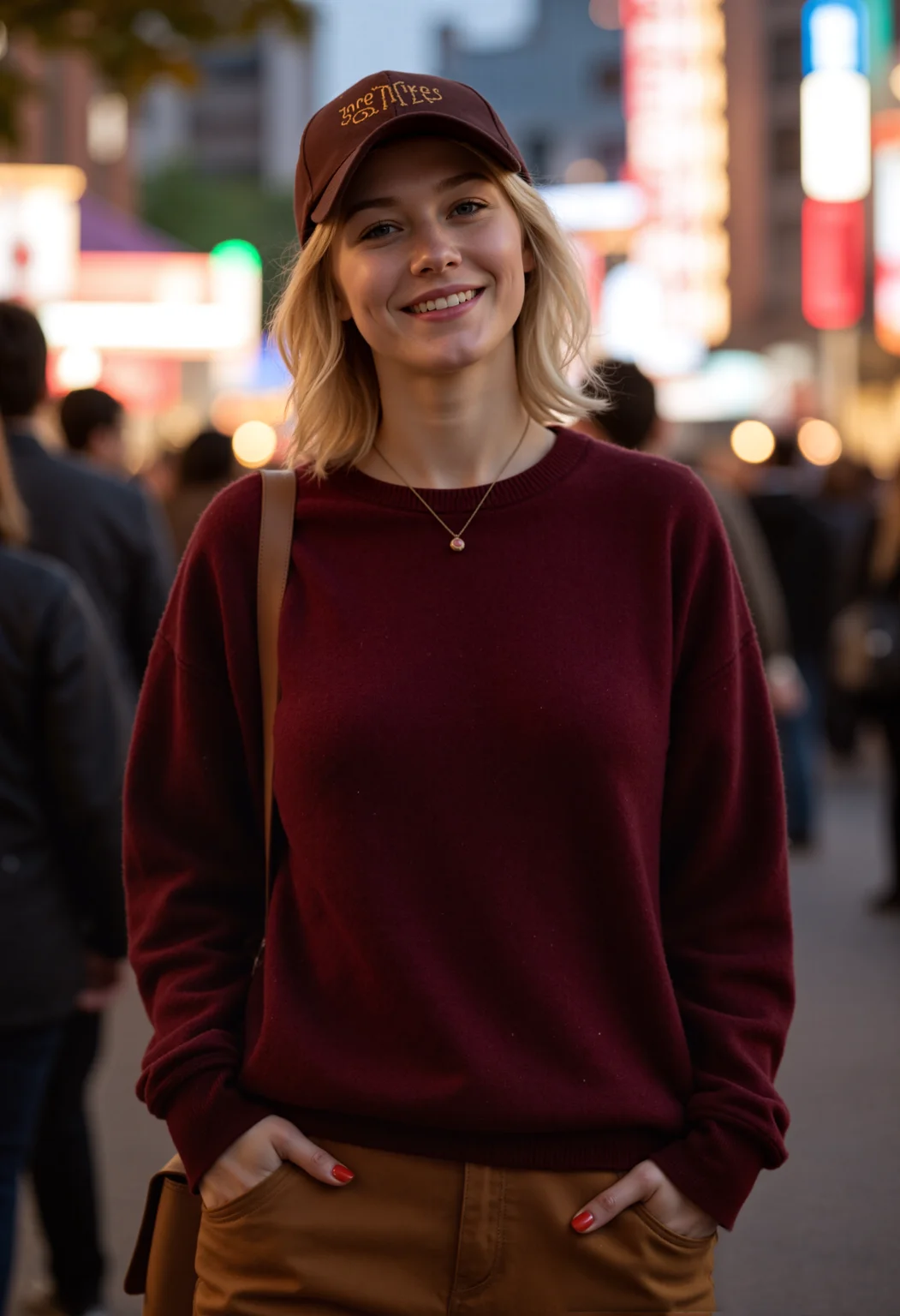realistic, photorealistic, realistic skin, raw photo,(a photograph of a young woman. she is standing,hands in pockets, carrying a brown single-shoulder bag, crowded illuminated street,detailed background, cityscape,), In autumn, wearing brown loose pants, dark red long-sleeved sweaters, fashionable ,baseball cap with the words "love yourself" written on it,blonde hair, short hair, blue eyes, detailed face,beautiful face, smile, necklace, red_nails,