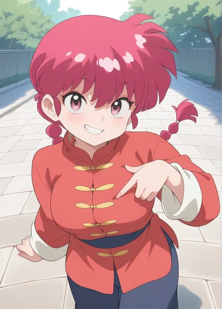 masterpiece, best quality, amazing quality, very aesthetic, absurdres, newest, detailed background, outdoors, realistic,
ranmaxd, 1girl, solo, braid, red hair, braided ponytail, tangzhuang, single braid, chinese clothes, long sleeves, pants, seductive smile, grin, pointing at breasts, large breasts, looking at viewer, braided ponytail, cleavage,
<lora:Ranma_Saotome_-_Ranma_12_Remake_Illustrious:1>