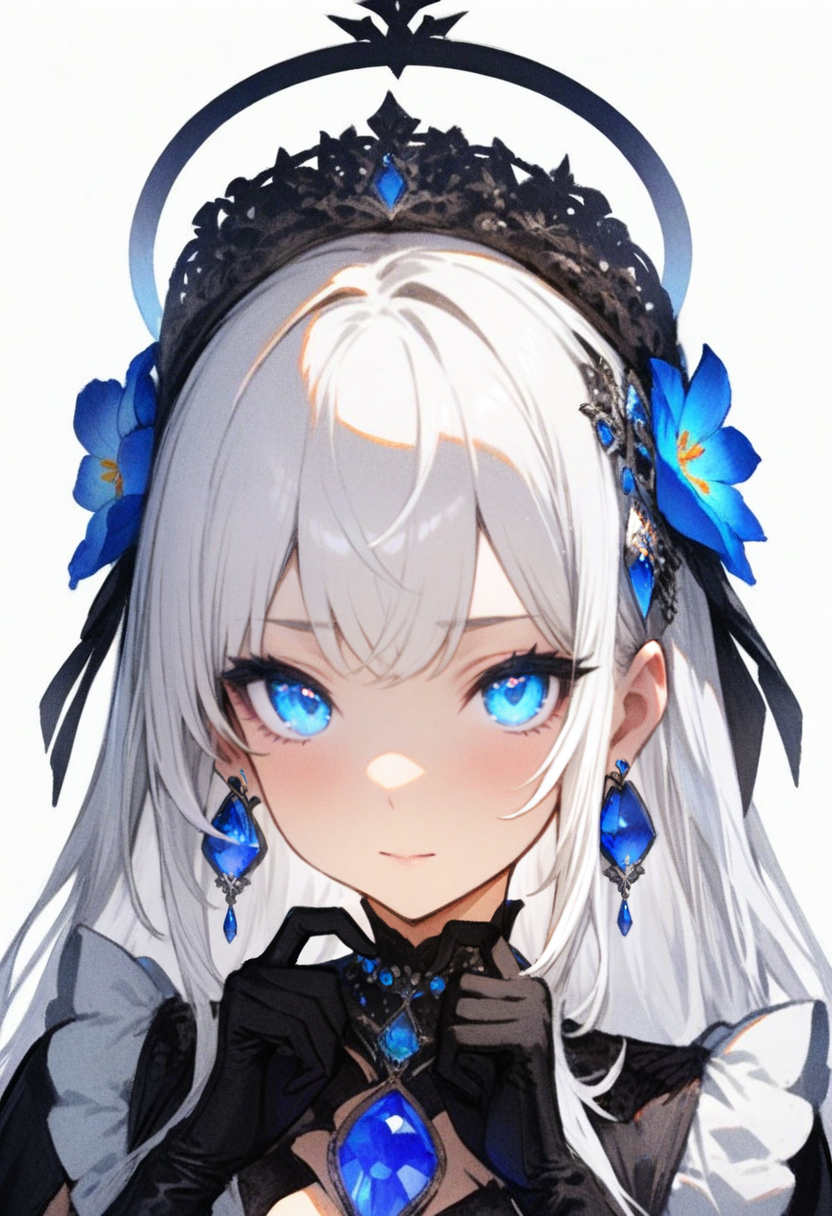 masterpiece, best quality, <lora:RECXL_ANI31_lokr_V43P1NF:0.95>  1girl, solo, blue eyes, jewelry, earrings, gloves, looking at viewer, white background, black gloves, white hair, hair ornament, simple background, closed mouth, long hair, flower, halo, blue flower, hair flower, portrait, heart hands, gem, heart, blue gemstone