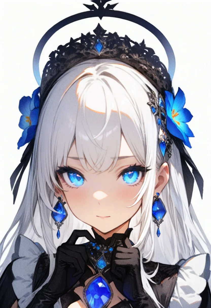 masterpiece, best quality, <lora:RECXL_ANI31_lokr_V43P1NF:0.95> 1girl, solo, blue eyes, jewelry, earrings, gloves, looking at viewer, white background, black gloves, white hair, hair ornament, simple background, closed mouth, long hair, flower, halo, blue flower, hair flower, portrait, heart hands, gem, heart, blue gemstone