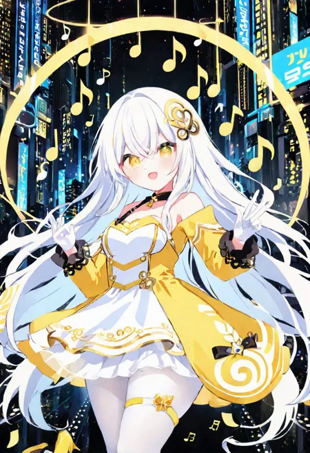 Best quality, masterpiece, sci-fi extremely dark abyss city, music notes, one singer girl with round pert breasts, majestic walk, hands gesturing, adorable pure white long loose hair, simple hairpin, adorable smooth happy face, singing, open mouth, bright yellow eyes, detailed kawaii makeup, beautiful white dress with long sleeves and gloves, slim waist, very short miniskirt, white tights, thick clavicle, thick pelvis, thick hips, thick thighs, heels