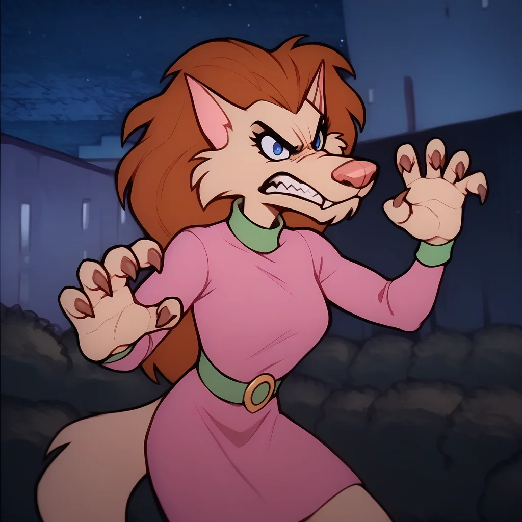 score_9, score_8_up, score_7_up, BREAK <lora:FluffyWerewolf:1.1> fluffywerewolf, furry female, long hair, brown hair, blue eyes, angry, night, claws, claw pose, pink dress,