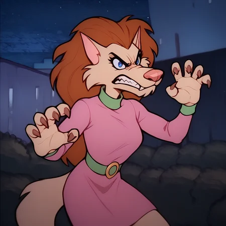 score_9, score_8_up, score_7_up, BREAK <lora:FluffyWerewolf:1.1> fluffywerewolf, furry female, long hair, brown hair, blue eyes, angry, night, claws, claw pose, pink dress,