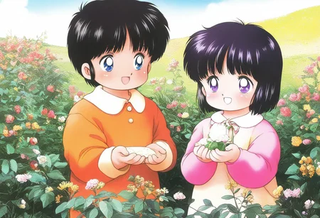 lazympos, very awa, general,highres, ultra-detailed,very aesthetic,best quality ,best hands, BREAK retro_artstyle, retro, retro anime artwork, 1980 \(style\), vibrant colors, sfw, Konohara_Konomi, 1girl, short hair, black hair, purple eyes, [Corio, 1boy, short hair, blue eyes, bangs, black hair], smiling, happy, kawai, playing, in the garden, flowers, happy, summer time, cowboy shot,