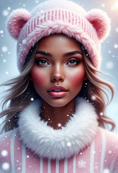 Contrail, mosaic, Fantasy realism, Storybook Illustration, double exposure, delicate detailed inspired by [Artgerm, Brian M  Viveros, Esao Andrews], light pink | white stripes, sharp focus, triadic colors, gorgeous african american girl, peachy lips, snow suit, light pink teddybear santa hat, small snowflakes , dynamic pose, luminism, magic light rings, bioluminescence, 32k