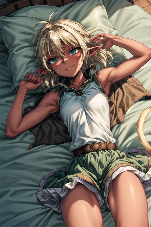 best quality, ultra-detailed, (1girl, solo,fam, unkempt hair, blonde hair, (green eyes:1.5), Seductive Eyes, pointy ears, Small breasts, dark skin, dark-skinned female, elf, long pointy ears, tail, smile, tutu skirt, Cape, Shy, Lying, Lying Back, Lying down, sweat, solo focus, lying, armpits, on back pillow, bed, sleeveless,