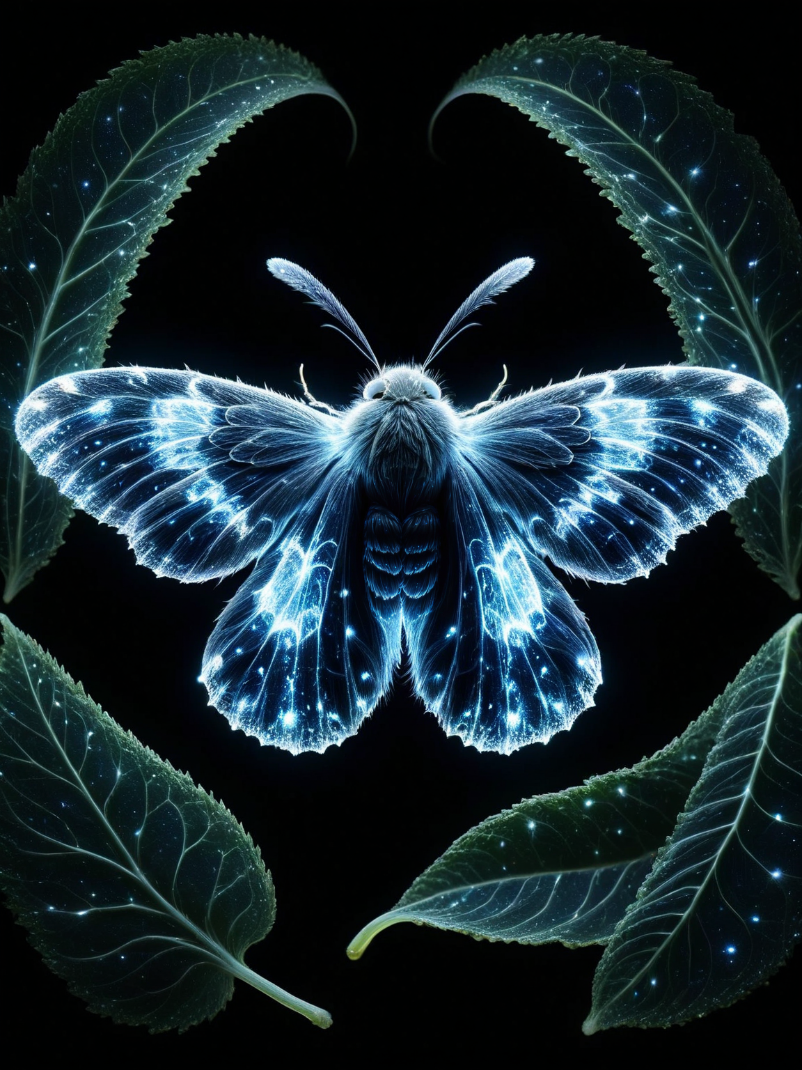 A moth with ais-blmn wings patterned like a nebula, on leaf in the dark woods <lora:ais-blmn-sdxl:1>