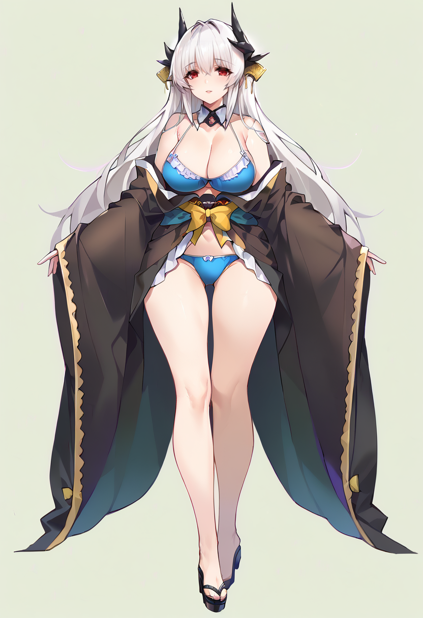 score_9,  score_7_up, BREAK 1girl,  <lora:spfateKiyohimeXLPony:1> kiyola3st, white hair, horns, yellow bow, blue bikini, cleavage, frills, frilled bikini, japanese clothes, black kimono, standing, full-body shot,  mature girl, mature female    <lora:kincora-Style-PonyXL-Dora-000027:1>