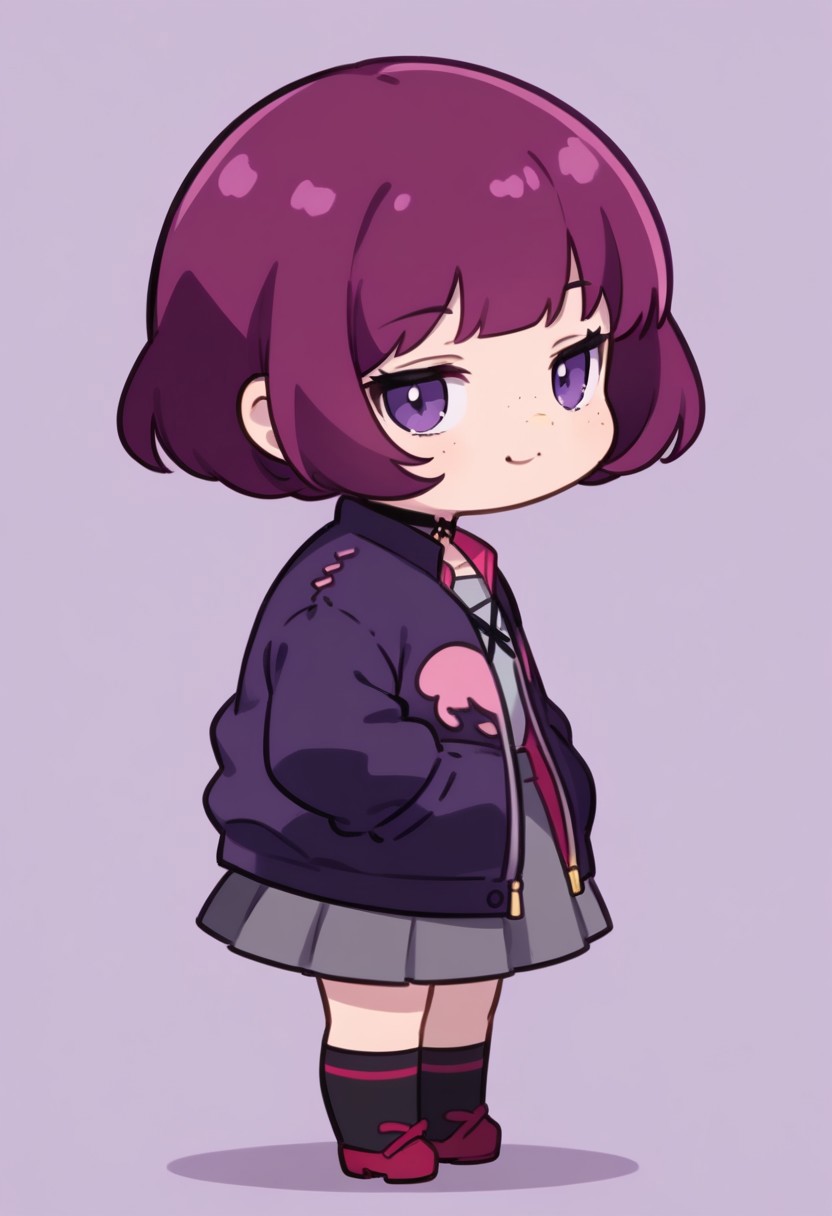 score_9, score_8_up, score_7_up, expressiveh, masterpiece, best quality, chibi, fca_style, girl standing, motion lines, 
1girl, polterp5x, magenta hair, bob cut, purple eyes, freckles, choker, purple jacket, grey shirt, grey skirt, black kneesocks, expressionless, hands in jacket pocket, half closed eyes, bored, smile, smirk, 
Facing away from viewer, side view, from side, looking at viewer, purple background, full body, cowboy shot,simple background, source_anime, cute, chibi, kawaii, 2d color, simple color, simple shading, flat color, chibi body, chibi art style:1.1, fca_style, super deformer,
