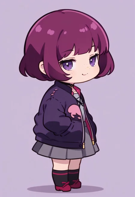 score_9, score_8_up, score_7_up, expressiveh, masterpiece, best quality, chibi, fca_style, girl standing, motion lines,
1girl, polterp5x, magenta hair, bob cut, purple eyes, freckles, choker, purple jacket, grey shirt, grey skirt, black kneesocks, expressionless, hands in jacket pocket, half closed eyes, bored, smile, smirk,
Facing away from viewer, side view, from side, looking at viewer, purple background, full body, cowboy shot,simple background, source_anime, cute, chibi, kawaii, 2d color, simple color, simple shading, flat color, chibi body, chibi art style:1.1, fca_style, super deformer,