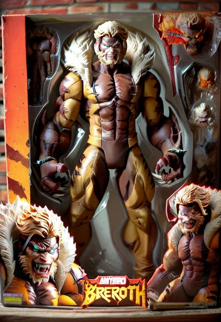 score_9, score_8_up, score_7_up, toy packaging, action figure, 1boy, x_s@bretooth, blonde hair, sideburns, white sclera, fangs, bodysuit, claws, muscular,