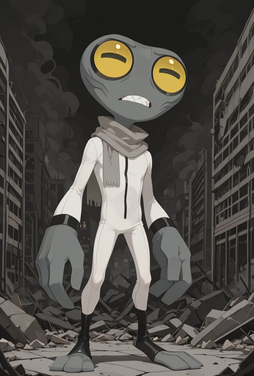 <lora:greymatter-09:1> greymatter, solo, 1boy, white bodysuit, grey skin, , ,small body, big hands,  , sharp teeth, big yellow eyes, big head, ,,, smoke, gray scarf, grey coat,  smoke coming from background, destroyed city background,  <lora:illustrious_flat_color_v2:1> flat color, no lineart, standing on rubble,, masterpiece, best quality, amazing quality, very aesthetic, absurdres, newest,