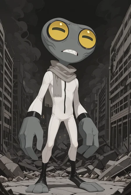 <lora:greymatter-09:1> greymatter, solo, 1boy, white bodysuit, grey skin, , ,small body, big hands,  , sharp teeth, big yellow eyes, big head, ,,, smoke, gray scarf, grey coat,  smoke coming from background, destroyed city background,  <lora:illustrious_flat_color_v2:1> flat color, no lineart, standing on rubble,, masterpiece, best quality, amazing quality, very aesthetic, absurdres, newest,